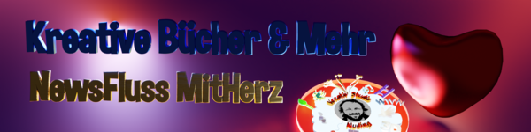 das breitformatige Logo kommt unter der Maus in den Vorderung und zeigt rechts das rote 3D Herz fast in voller Bildhöhe
						links darunter strahlend leuchtend liegend das am unteren Bildrand abgeschnittene Kreativ Studio Nuding 3D Logo ragt bis zur Hälft ins Bild
						links davon die untere Zeile NewsFluss MitHerz in gold strahlenden 3D Buchstaben welche vom 3D Titel in einer Zeile Kreative Bücher & Mehr in blauen 3D Bucstaben darüber getoppt wird.