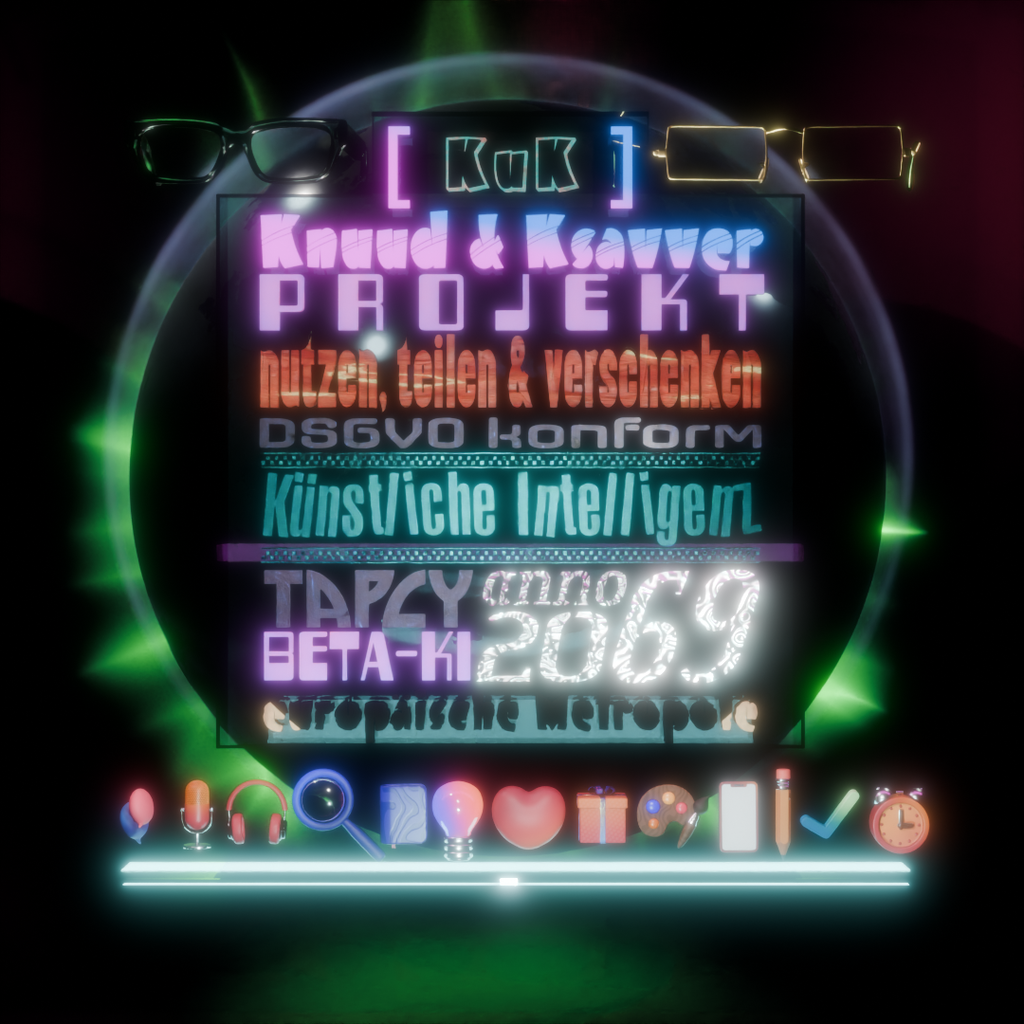 das 3D Projekt Logo zum Knuud & Ksavver online nutzen beinhaltet in verschiedenen 3D Schriftarten untereinander folgende Texte
				KuK Knuud & Ksavver Projekt Künstliche Intelligenz Tapcy anno 2069 europäische Metropole
				darunter sind diverse das Projekt kennzeichnende 3D Icons in einer Reihe abgebildet links und rechts neben KUK ganz oben sind 2 Brillen zu erkennen