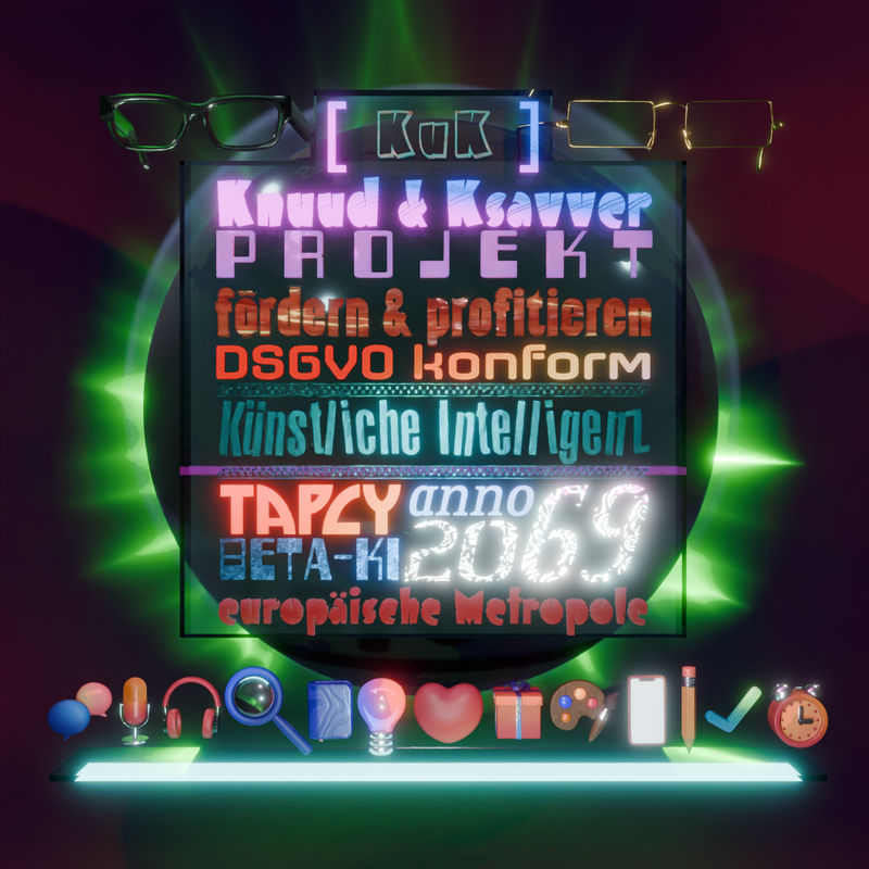 das 3D Projekt Logo zum Knuud & Ksavver Förderprogramm beinhaltet in verschiedenen 3D Schriftarten untereinander folgende Texte
				KuK Knuud & Ksavver Projekt fördern & profitieren DSGVO konform Künstliche Intelligenz Tapcy anno 2069 europäische Metropole
				darunter sind diverse das Projekt kennzeichnende 3D Icons in einer Reihe abgebildet links und rechts neben KUK ganz oben sind 2 Brillen zu erkennen