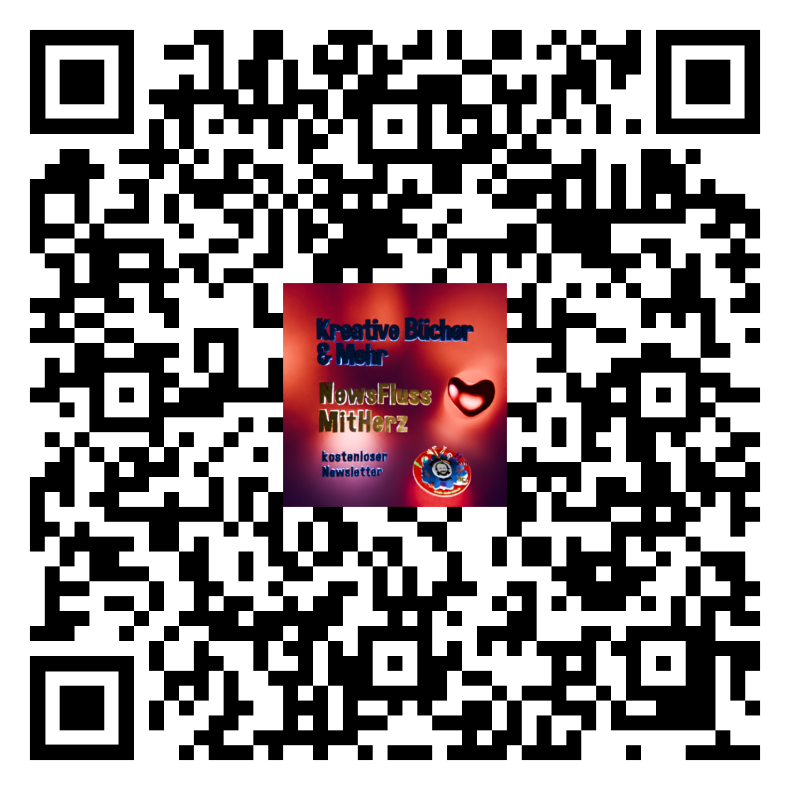 Kreative Bücher und Mehr MitHerz einfaches Logobild bestehend aus dem Herz dem Titel und dem Kreativ Studio Nuding 3D Logo im QR-Code-Link zum Projekt auf der Förderplattform Steady